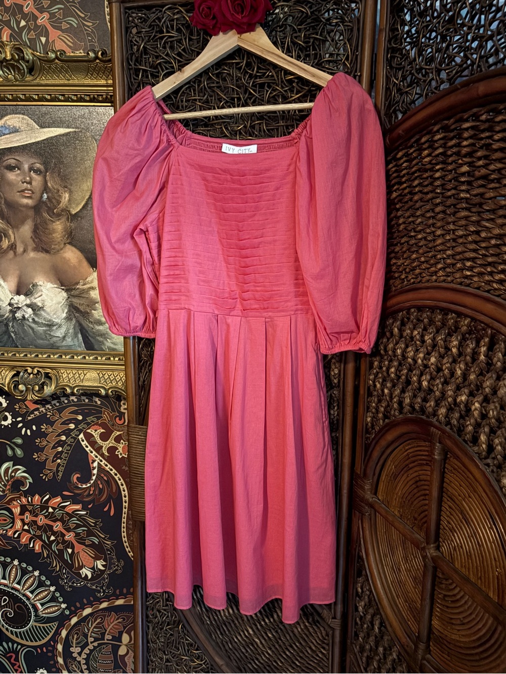 Ivy City Co Pink Puff Sleeve Pintuck Midi Dress XS NWT Cottagecore